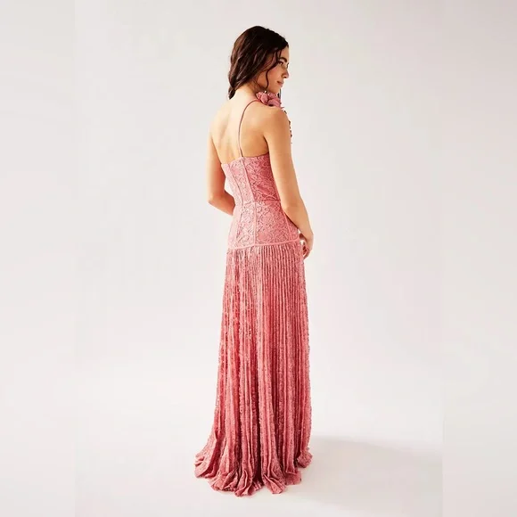 PatBO Hand -Embroidered Lace bustier pink Gown|Rose-One-Shoulder Floral Appliqué - Picture 3 of 8